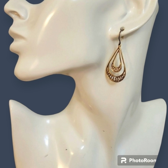 Goldtone Double Teardrop Dangle Hook Earrings - Picture 1 of 2